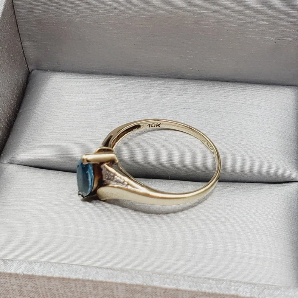 10k Solid Yellow Gold Marquise Shaped Blue Topaz & Diamond Accent Ring